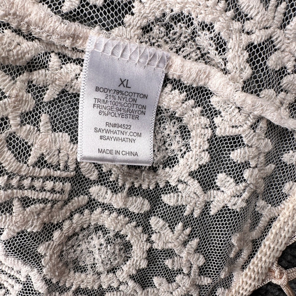 Say What? Women XL Beige Floral Lace Open Front Vest Macrame Fringe Boho Layer - Picture 8 of 9